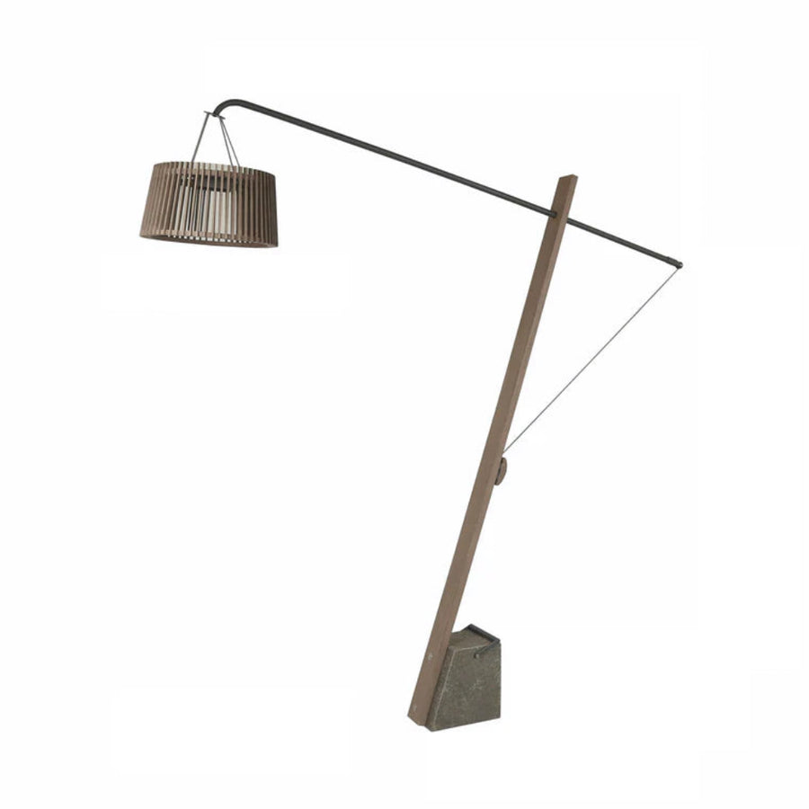 Modern solar floor lamp with a brown shade on a white background