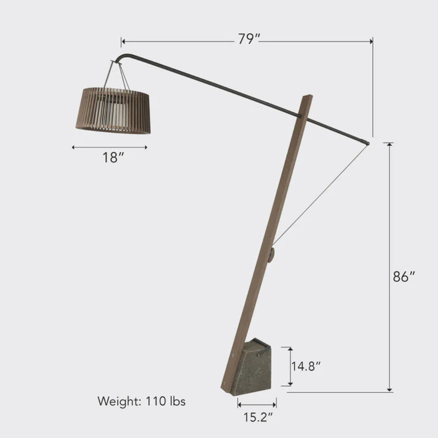Floor lamp with dimensions and weight details on a light gray background