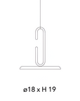 Minimal black line drawing of a hanging pendant light fixture on a white background, with text below reading “Ø18 x H 19” indicating diameter and height.