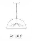 Black line drawing schematic of a modern pendant light with a semi-circular dome shade, three radiating light tubes, and a top canopy, with dimensions labeled 'Ø61 x H 31' below on a white background.