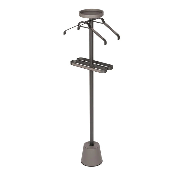 Gray metal stand with adjustable arms on a white background