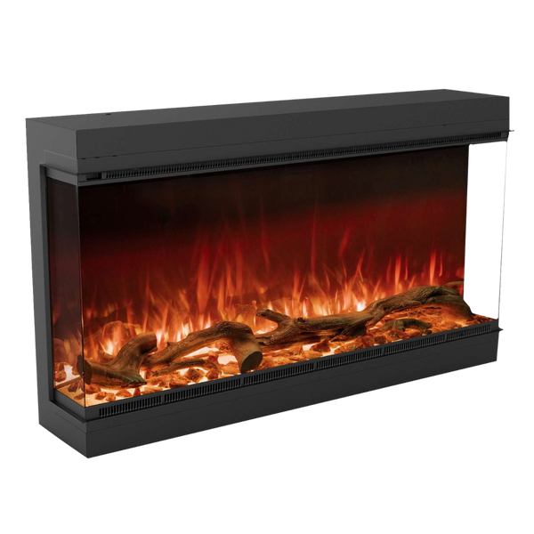 Electric fireplace with glowing logs and flames on a white background from Planika available at Spacio retail stores in Mumbai & Kolkata. 