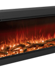 Electric fireplace with glowing logs and flames on a white background from Planika available at Spacio retail stores in Mumbai & Kolkata. 