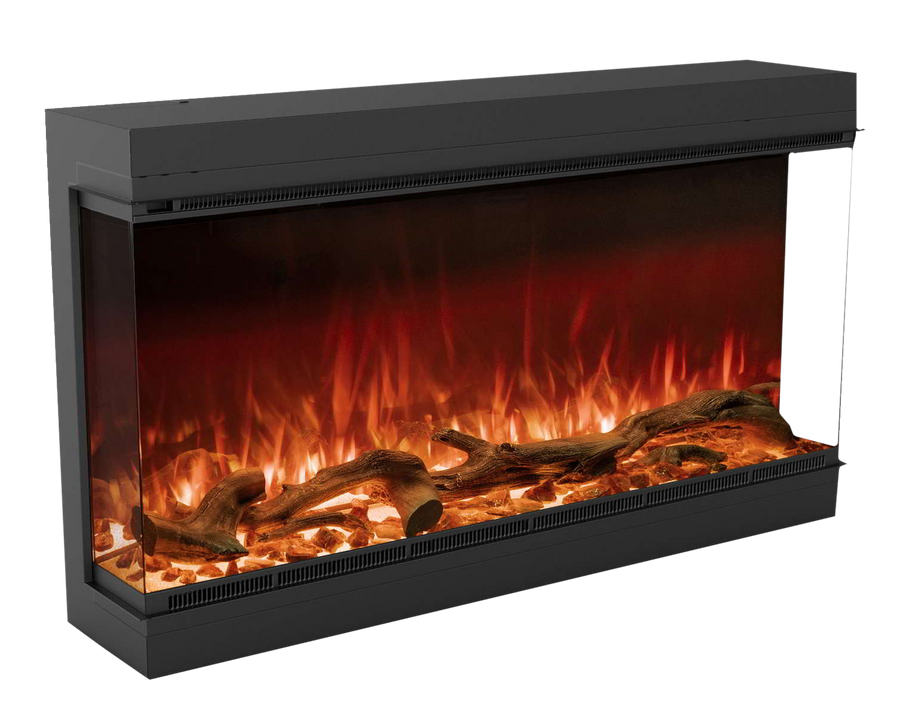 Electric fireplace with glowing logs and flames on a white background from Planika available at Spacio retail stores in Mumbai & Kolkata. 