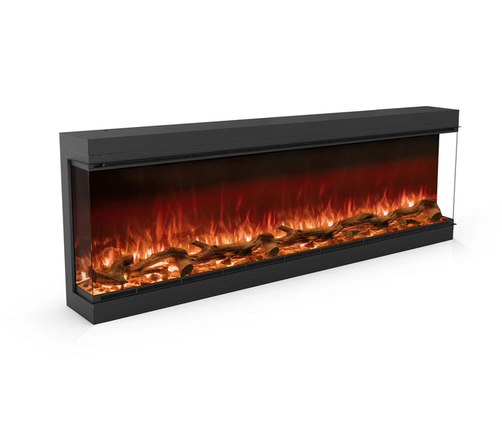Electric fireplace insert with glowing flames on a white background from Planika available at Spacio retail stores in Mumbai & Kolkata. 