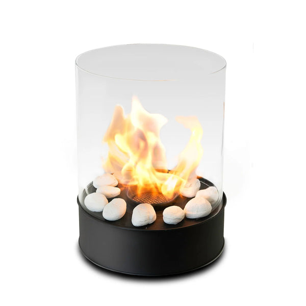 Portable fire pit with flames and rocks on a white background
