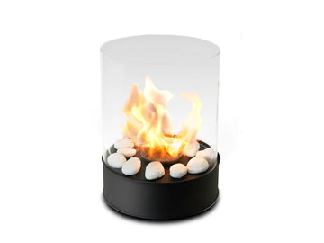 Portable fire pit with flames and rocks on a white background