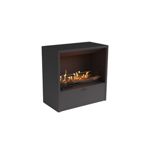 Modern black bioethanol electric fireplace with flames on a white background by Planika available at Spacio retail stores in India. 
