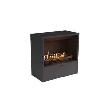 Modern black bioethanol electric fireplace with flames on a white background by Planika available at Spacio retail stores in India. 
