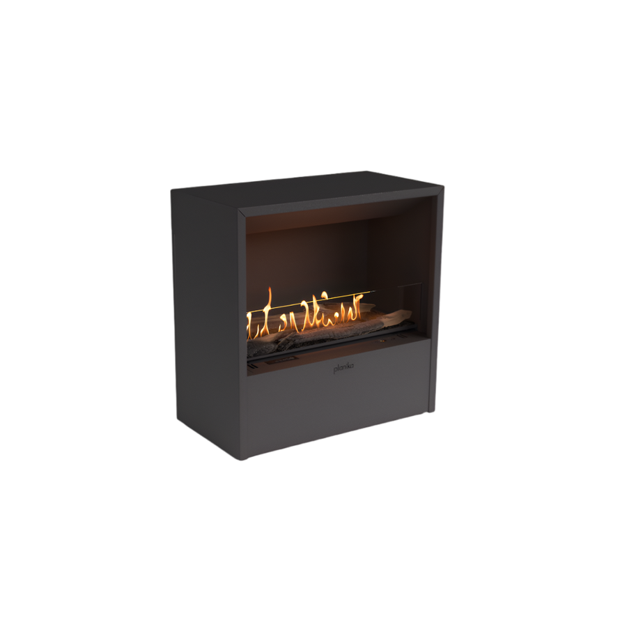 Modern black bioethanol electric fireplace with flames on a white background by Planika available at Spacio retail stores in India. 