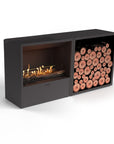 Modern black fireplace with electric fire and stacked logs on a white background