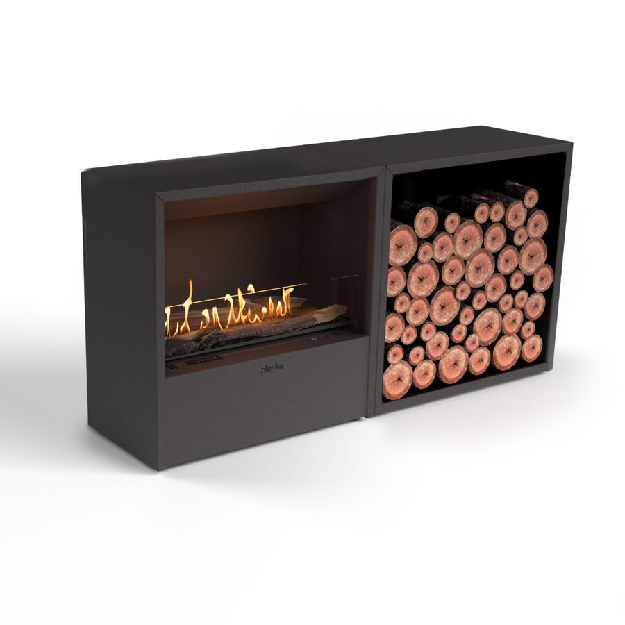 Modern black fireplace with electric fire and stacked logs on a white background