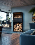 Modern living room with an automatic bioethanol fireplace and stacked wood
