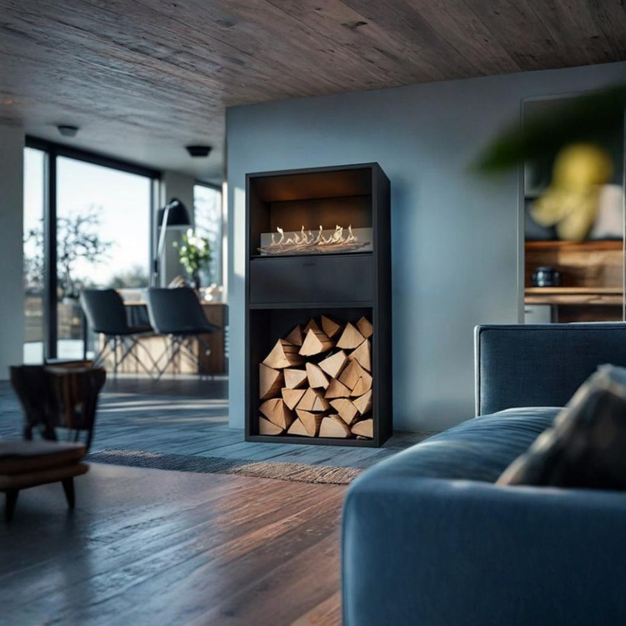 Modern living room with an automatic bioethanol fireplace and stacked wood