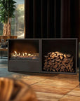 Modern fireplace with burning logs and stacked firewood in a cozy living room.