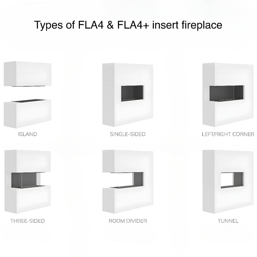 Diagram showing different types of FLA4 & FLA4+ insert fireplaces with labels.