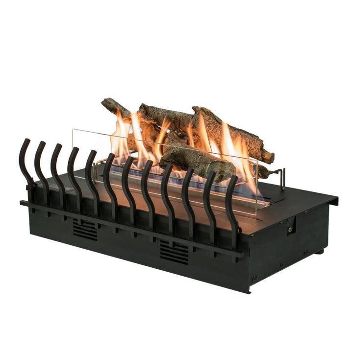 A beautiful Planika Bioethanol Fireplace Hot Box with logs on top of it, featuring the advanced Planika Fire Hot Box technology and an efficient ethanol burner.