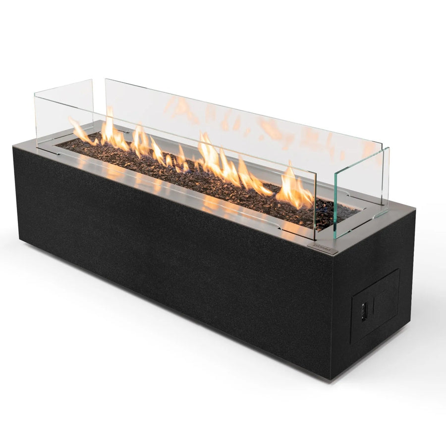 Modern black gas fire pit table with glass cover on a white background
