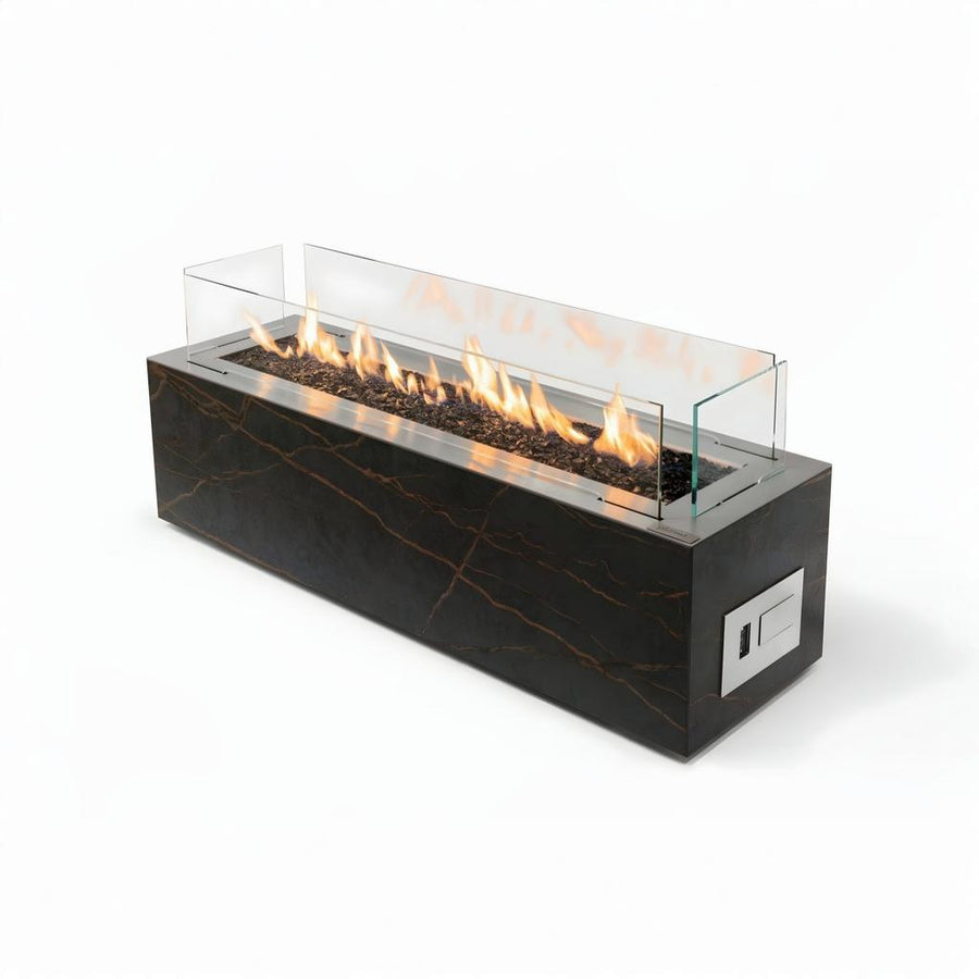 Modern rectangular fireplace with flames on a white background