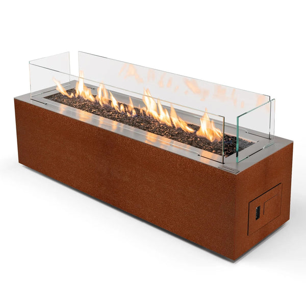 Rectangular gas fireplace in Corten steel  with flames on a white background from Planika available at Spacio in India. 