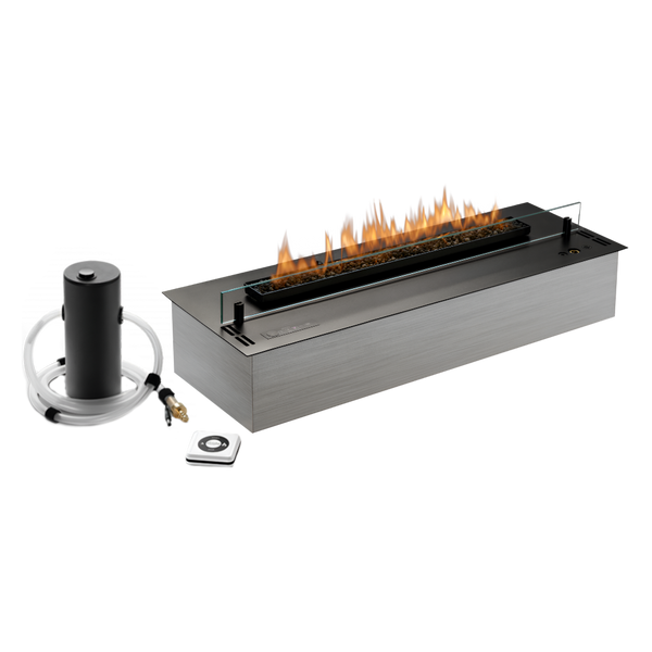 Rectangular bioethanol automatic fireplace with automatic fuel refilling pump by Planika available at Spacio retail stores in India. 