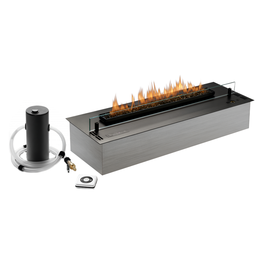 Rectangular bioethanol automatic fireplace with automatic fuel refilling pump by Planika available at Spacio retail stores in India. 