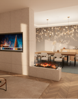 Modern living room with a fireplace as partition, TV, and dining area.