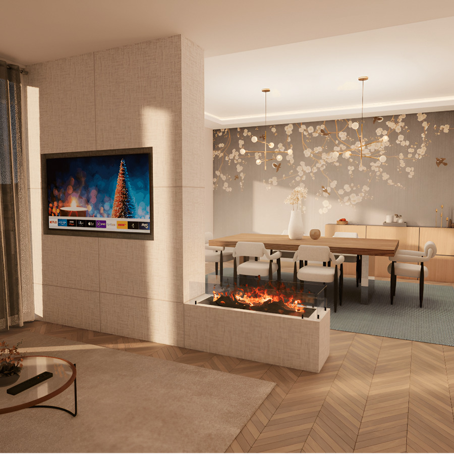 Modern living room with a fireplace as partition, TV, and dining area.