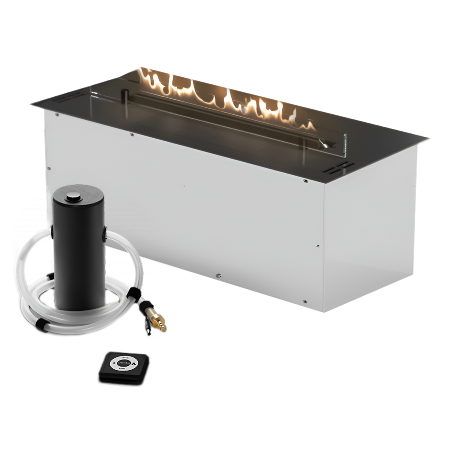 Rectangular indoor bioethanol automatic fireplace on a white background by Planika available at Spacio retail stores in India. 