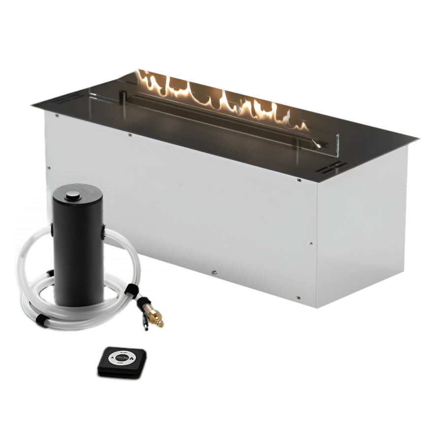Rectangular indoor bioethanol automatic fireplace on a white background by Planika available at Spacio retail stores in India. 