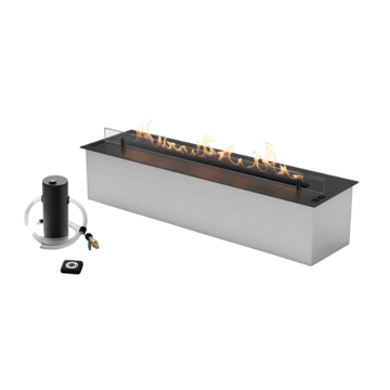 Rectangular indoor bioethanol automatic fireplace on a white background by Planika available at Spacio retail stores in India. 