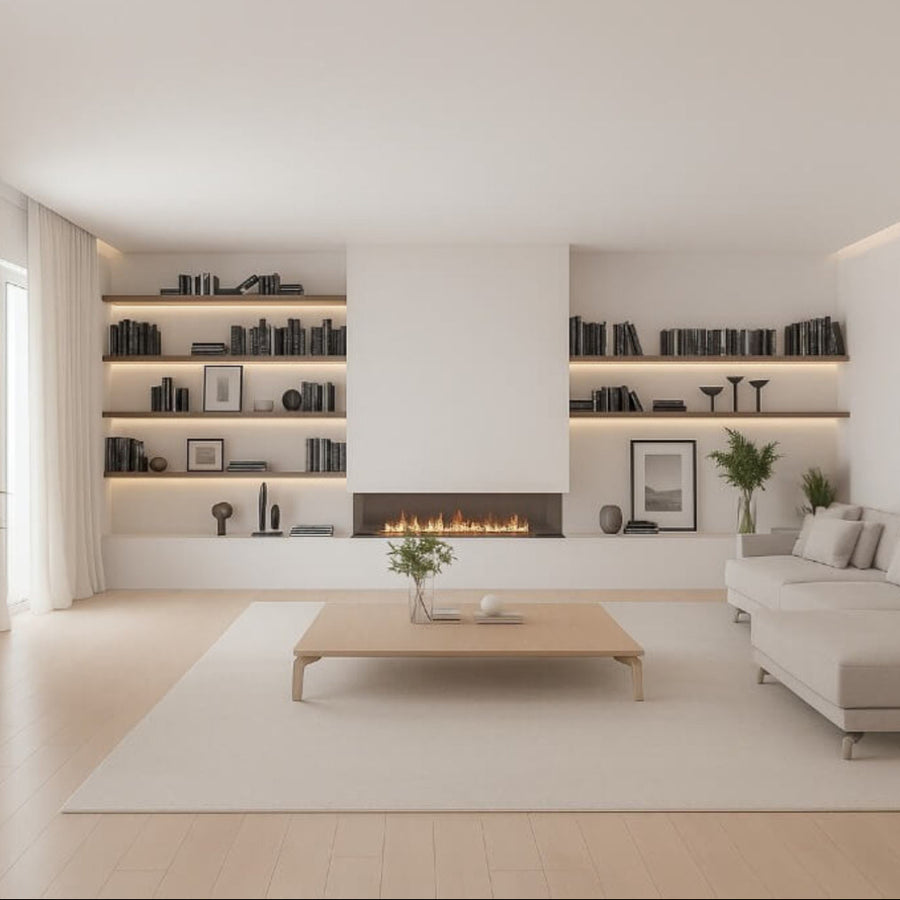 Modern living room with white walls, a fireplace, and a white sofa.