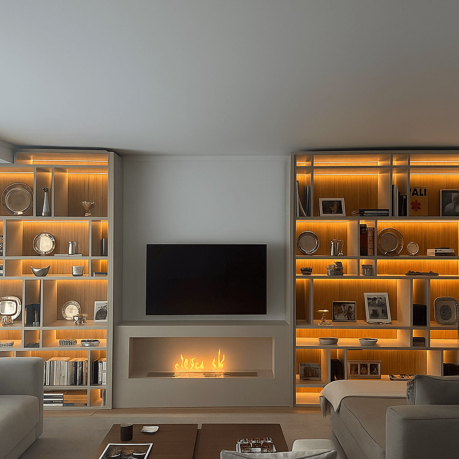 Modern living room with a fireplace, bookshelves, and a television.