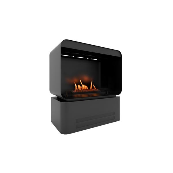 Modern black free standing fireplace with digital display on a white background available at Spacio retail stores in India. 