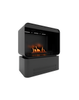 Modern black free standing fireplace with digital display on a white background available at Spacio retail stores in India. 