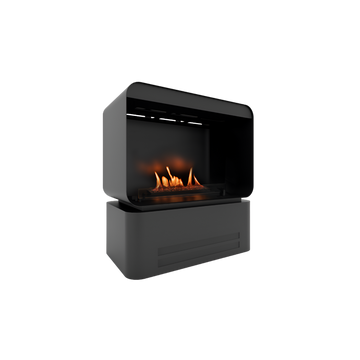 Modern black free standing fireplace with digital display on a white background available at Spacio retail stores in India. 