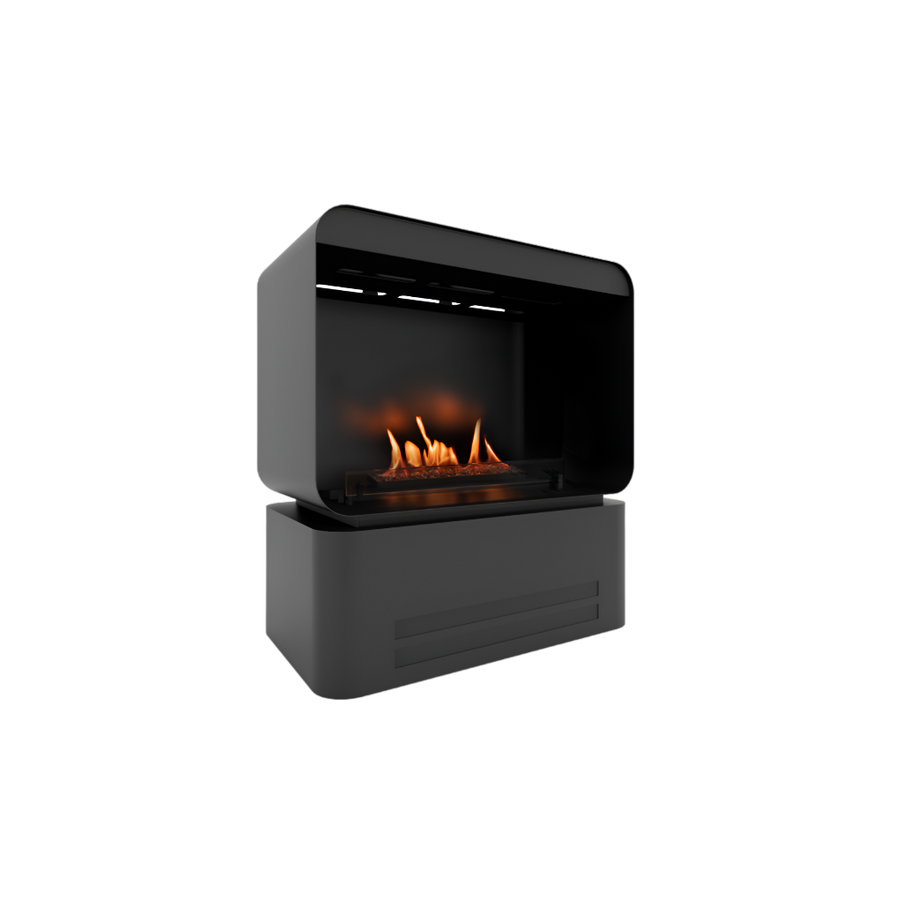 Modern black free standing fireplace with digital display on a white background available at Spacio retail stores in India. 