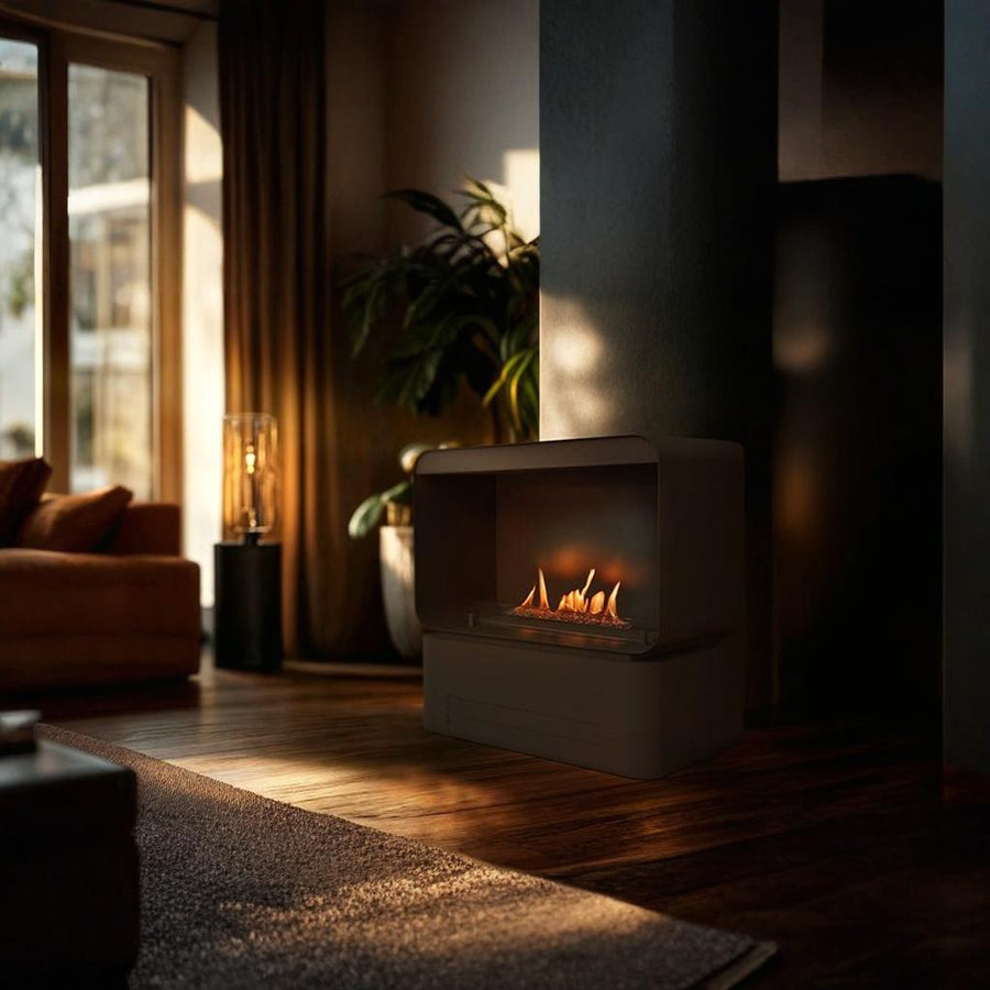 Cozy living room with a modern fireplace, plants, and a window.