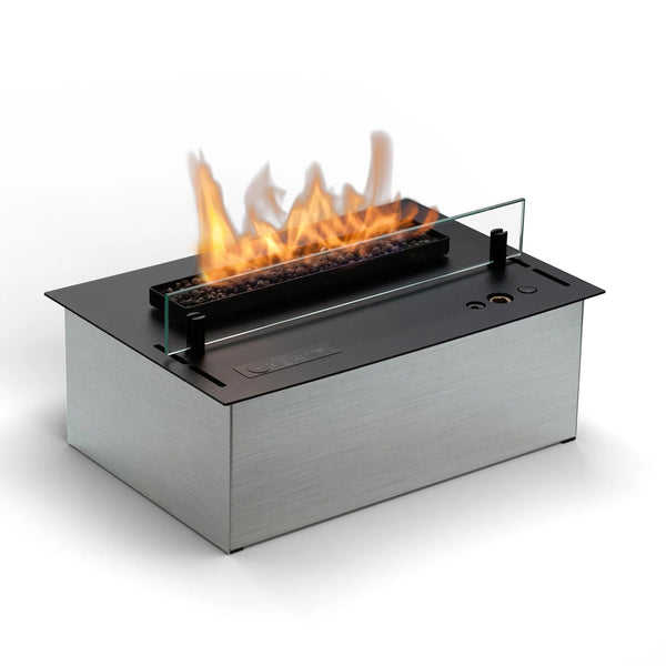Planika's bioethanol insert fireplace with flames on a white background available at Spacio retail stores in Mumbai & Kolkata