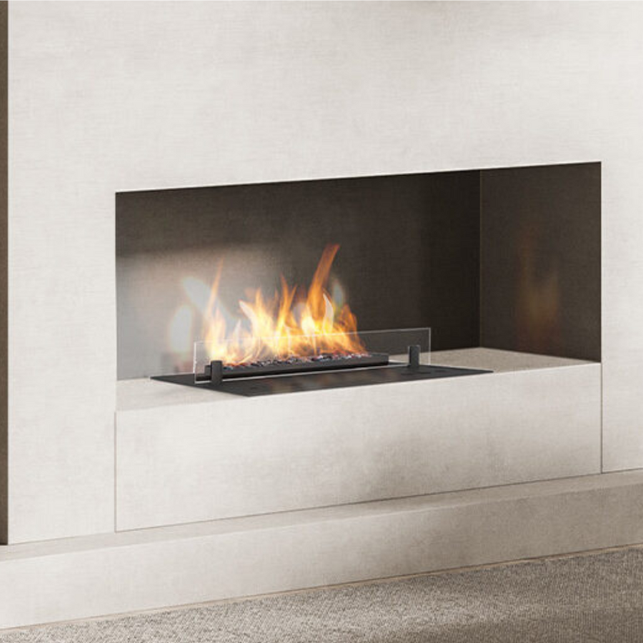 Close up of Planika's Senso burner insert fireplace available at Spacio in India