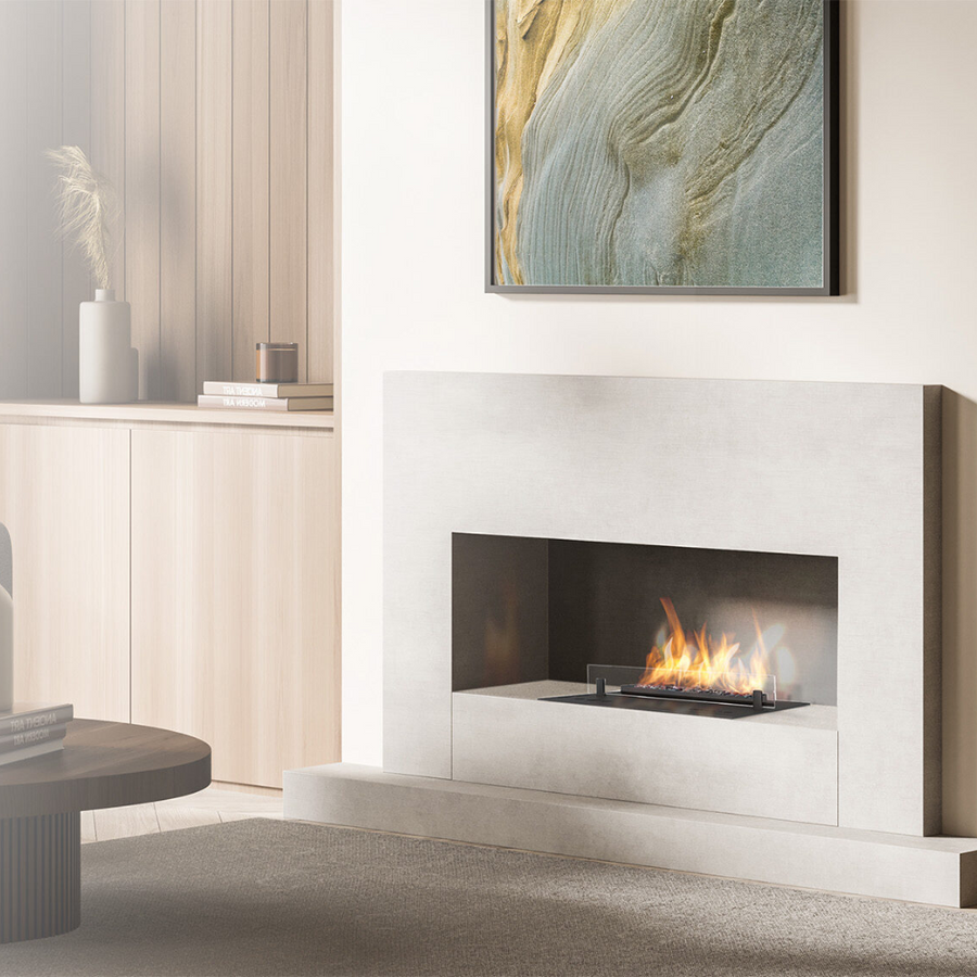 Modern luxury interior with artefacts, wall art and Planika's Senso burner insert fireplace from Spacio 