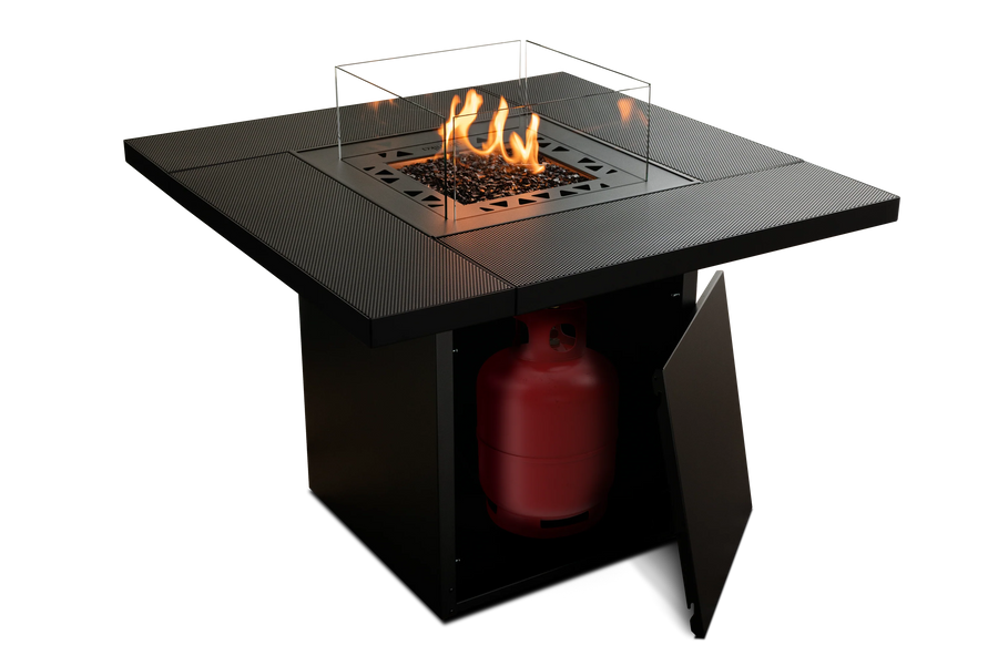 Black fire pit table with flames and a red propane tank on a white background