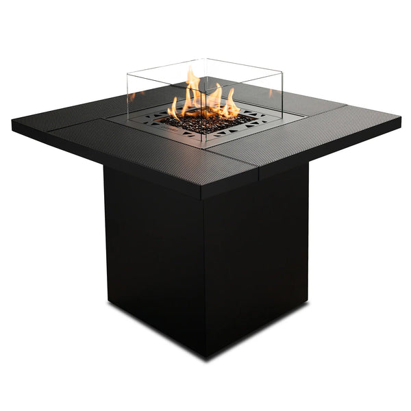 Black fire pit table with glass cover on a white background