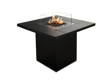 Black fire pit table with glass cover on a white background