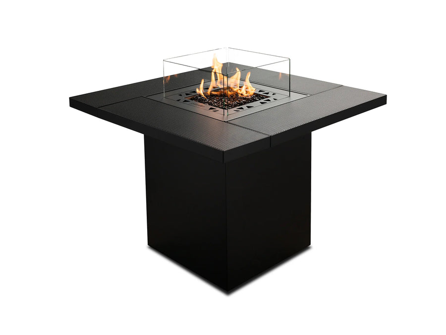 Black fire pit table with glass cover on a white background