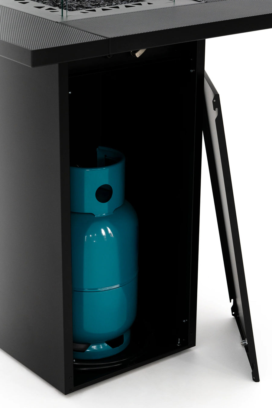 Blue gas cylinder inside a black cabinet fireplace 