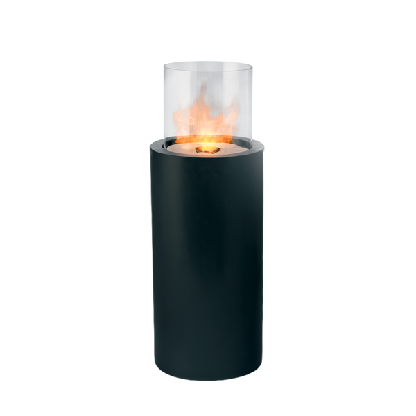 Black cylindrical fire pit with glass cover on a white background from Planika for Indoor and outdoor space available at Spacio retail stores in Mumbai & Kolkata