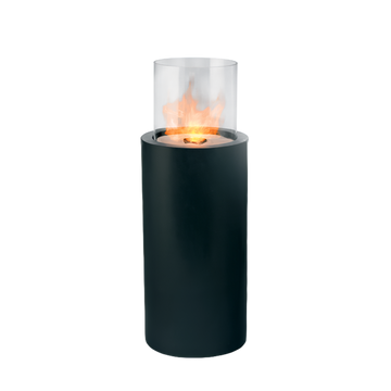 Black cylindrical fire pit with glass cover on a white background from Planika for Indoor and outdoor space available at Spacio retail stores in Mumbai & Kolkata