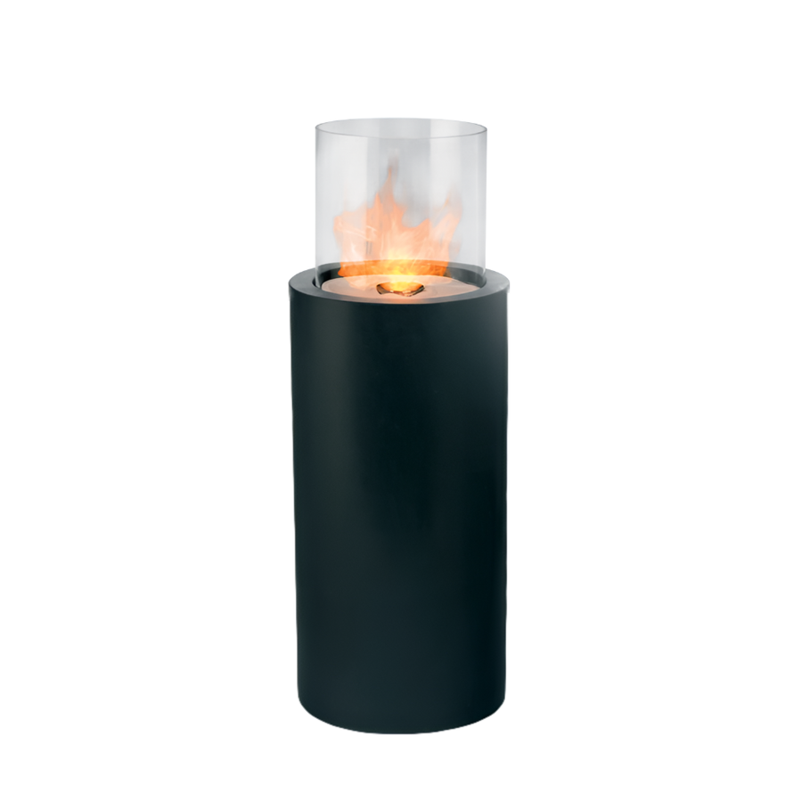 Black cylindrical fire pit with glass cover on a white background from Planika for Indoor and outdoor space available at Spacio retail stores in Mumbai & Kolkata
