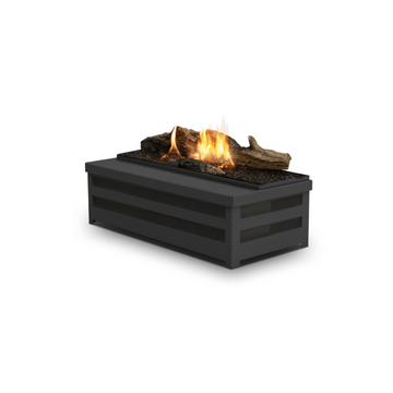 A free standing fireplace with artificial logs from Planika on a white background available at Spacio retail stores in Mumbai & Kolkata. 